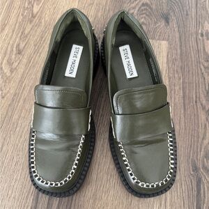Steve Madden Olive Green Women’s Loafers with Chain Accent